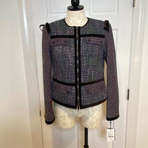 Chanel-style jacket, trimmed in precious velvet ribbon. Zip front/moto vibe.